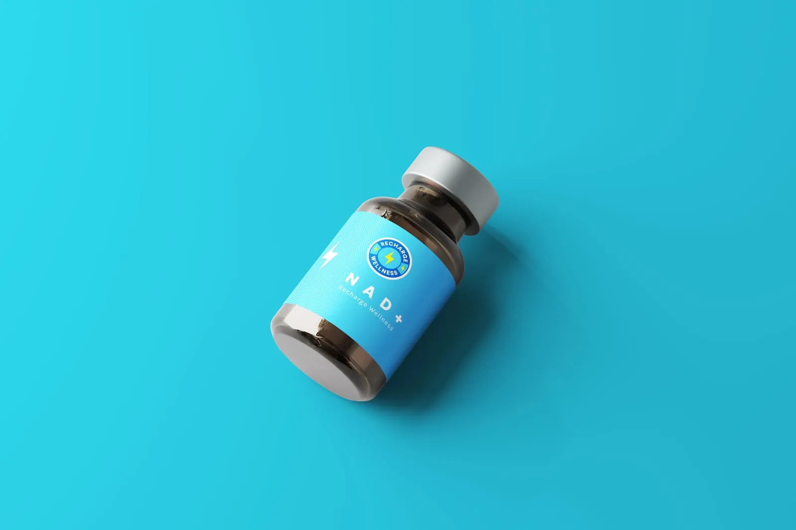 A NAD+ supplement bottle on a bright cyan background
