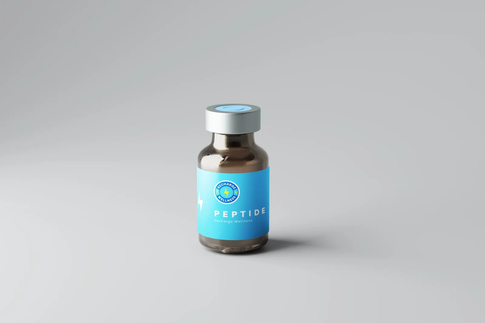 A labelled peptide vial on a soft grey background